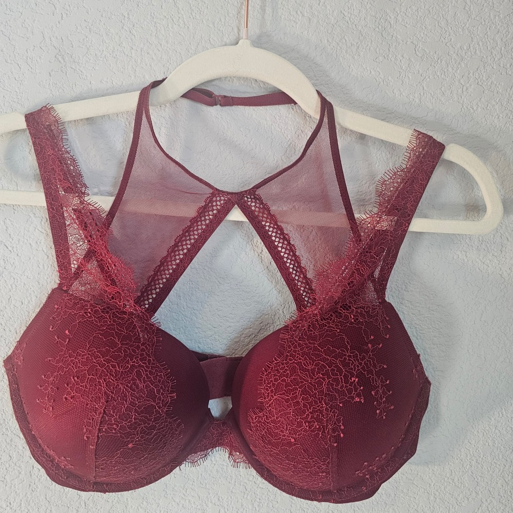 Victoria's Secret Very Sexy Push-Up Bra Burgundy Lace Mesh High‎ Neck 36D